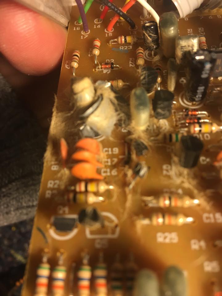 Guitar Pedal with melted circuitry from incorrect power supply being repaired at SeaWolf Audio